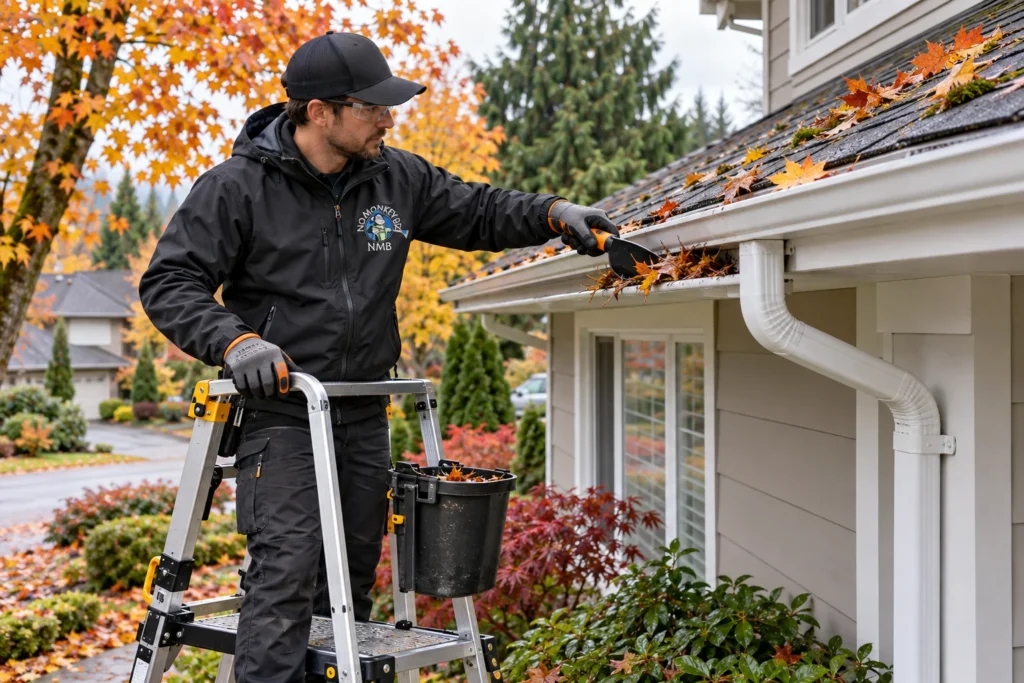 Gutter cleaning Vancouver service for a tree-covered home in fall