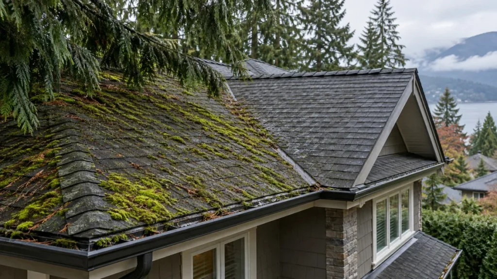 Roof moss removal Vancouver assessment on a shaded asphalt roof